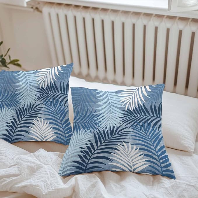 Blue Palm Leaves Waterproof Outdoor Pillow Covers Set of 2 Home Decor, Summer Tropical Leaf Plant Pillowcase Patio Pillow Covers for Couch Bench Patio Furniture Garden 18x18in