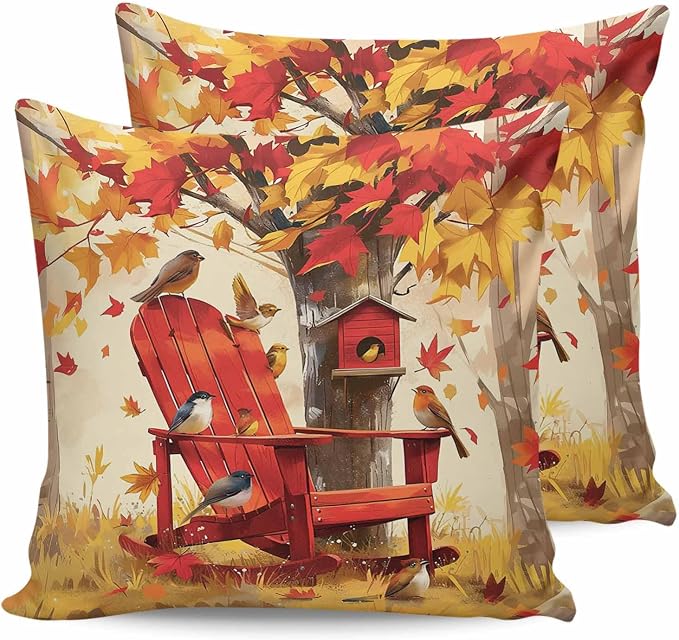 Outdoor Waterproof Throw Pillow Covers 24x24in, Autumn Maple Forest Cushions for Garden Patio Furniture Chairs Set of 2, Red Chair Birds Home Decor Couch Sofa Polyester Pillow Cases