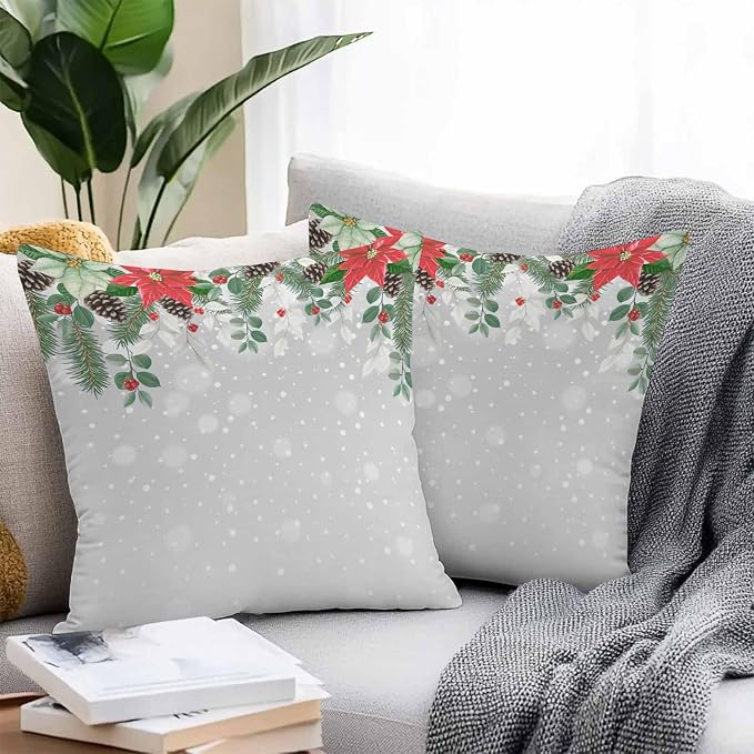 Outdoor Throw Pillow Covers, Christmas Poinsettia Flower Pine Cones Eucalyptus Leaf Winter Snowflake Gray Waterproof Pillowcases Cushion Covers Cases for Patio Couch Bench, Pack of 2 Square, 16"X16"