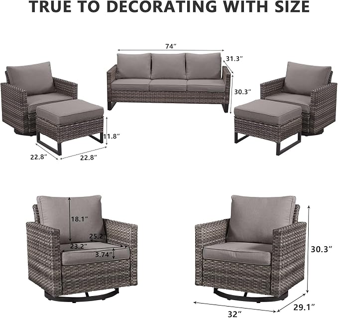 HUMMUH 5 Piece Patio Furniture Set Outdoor Sectional Sofa,PE Wicker Patio Swivel Rocker Chairs with Ottomans for Porch,Garden,Backyard