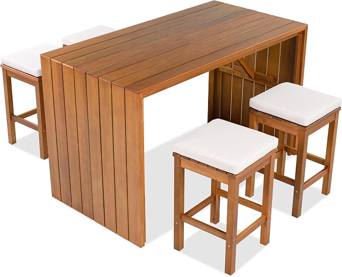 VilroCaz 5-Pieces Outdoor Patio Counter Height Dining Set, All-Weather Acacia Wood Bar Set with 4 Stools and Cushions for Backyard, Poolside, Balcony