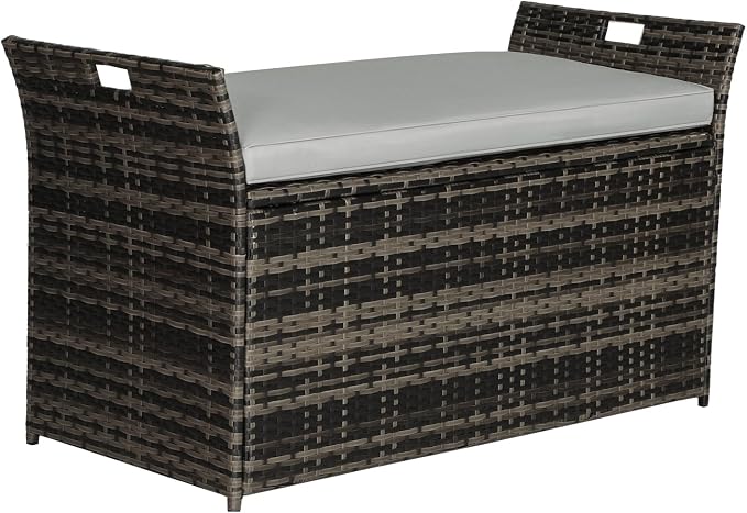90 Gallon Outdoor Wicker Storage Bench with Cushion, Patio PE Rattan Deck Box with Handles (Gray), Grey