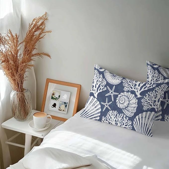 Lumbar Pillow Covers 20x12 Inch Set of 2, Navy Blue Starfish Coastal Waterproof Outdoor Pillow Covers, Summer Coral Shell Beach Nautical Decorative Cushion Pillowcases for Couch Sofa Bed Garden Patio