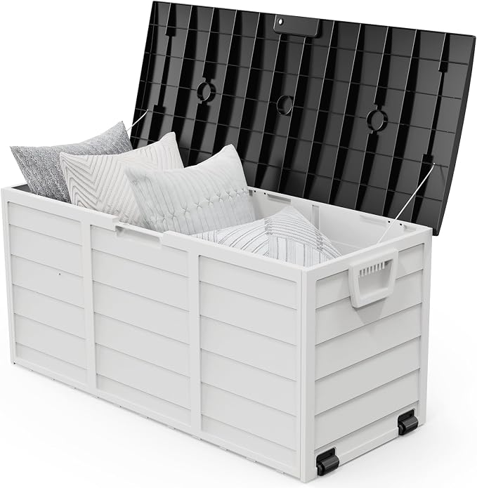 VINGLI 75 Gallon Outdoor Storage Box, Lockable Plastic Storage Containers with Lid, Patio Deck Box Furniture for Garden, Pool, Balcony, Yard (White)