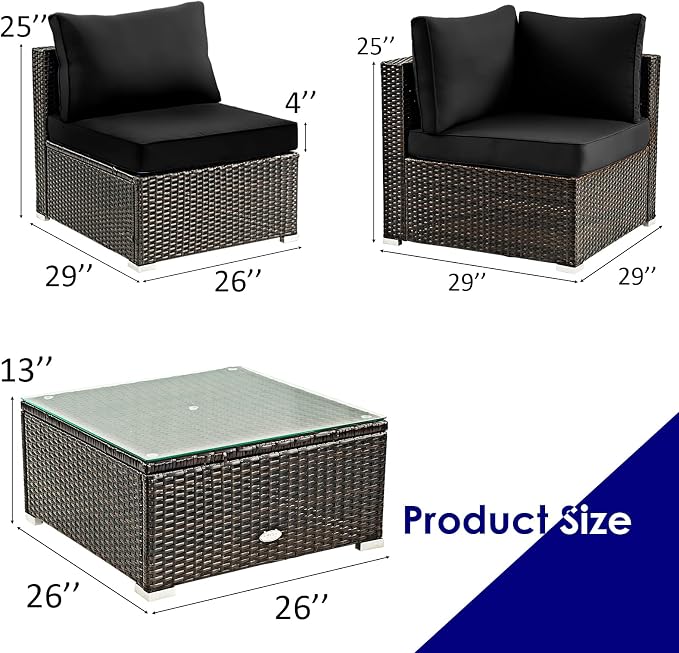 Tangkula 5 Pieces Patio Furniture Set, All Weather Wicker L-Shaped Corner Sofa Set w/Soft Cushions, Outdoor Sectional Conversation Couch Set w/Glass Table for Backyard Garden Poolside (Black)