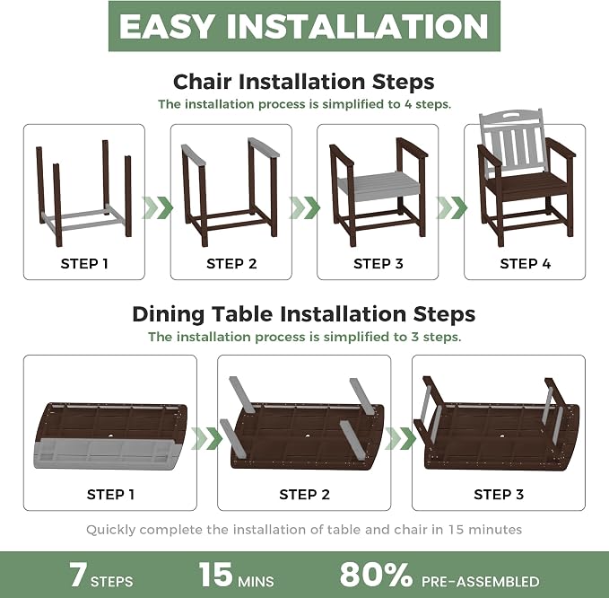 Outdoor Rectangle Dining Table, Heavy-Duty HDPE Table for 6, Weatherproof Patio Table with Umbrella Hole, Rounded Corners for Safety, Brown