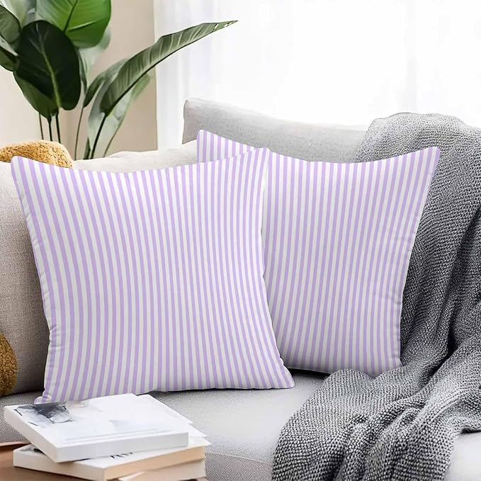 Throw Pillow Covers 18x18 Inch Set of 2, Purple White Stripe Waterproof Outdoor Cushion Covers, Modern Minimalist Geometric Striped Decorative Pillowcases for Couch, Sofa, Bed, Garden, Patio
