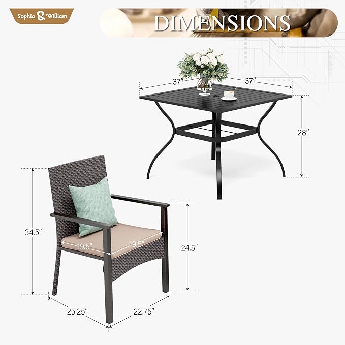 Sophia & William 5 Pieces Patio Dining Set for 4 People, Square Metal Patio Table and Rattan Chairs, 4 People Patio Table Set with 1.57" Umbrella Hole, Seat Cushions