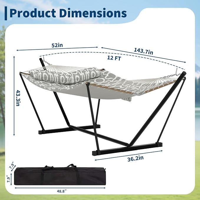 2 Person Outdoor Hammock with Stand, 450 LBS Heavy Duty Anti-Tipping Frame with Balance Rope, Rainproof & Quick Dry for Patio, Backyard, Balcony & Outdoor Garden Use, Light Gray Texture