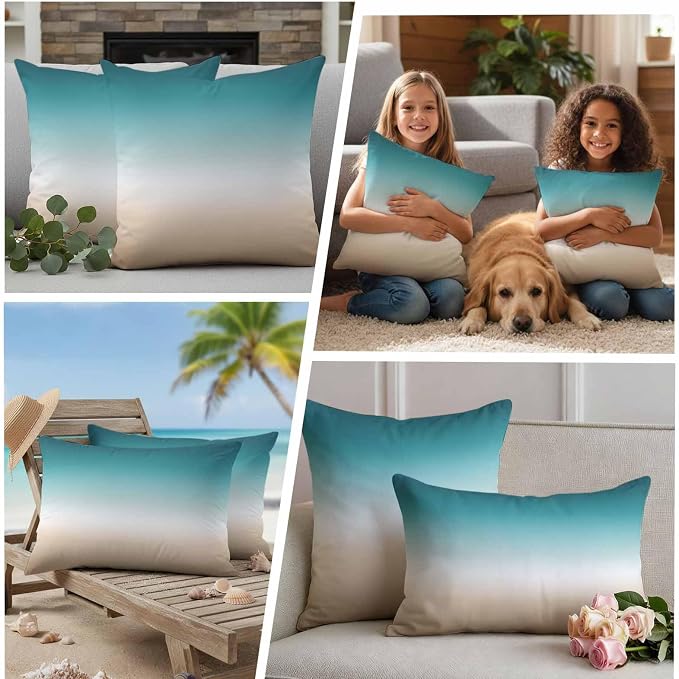 Outdoor Pillow Covers Set of 2, Teal to Khaki Gradient Art Decorative Throw Pillow Covers 20X12IN, Turquoise Watercolor Style Throw Pillows Protector Cushion Case for Patio,Couch,Sofa,Garden