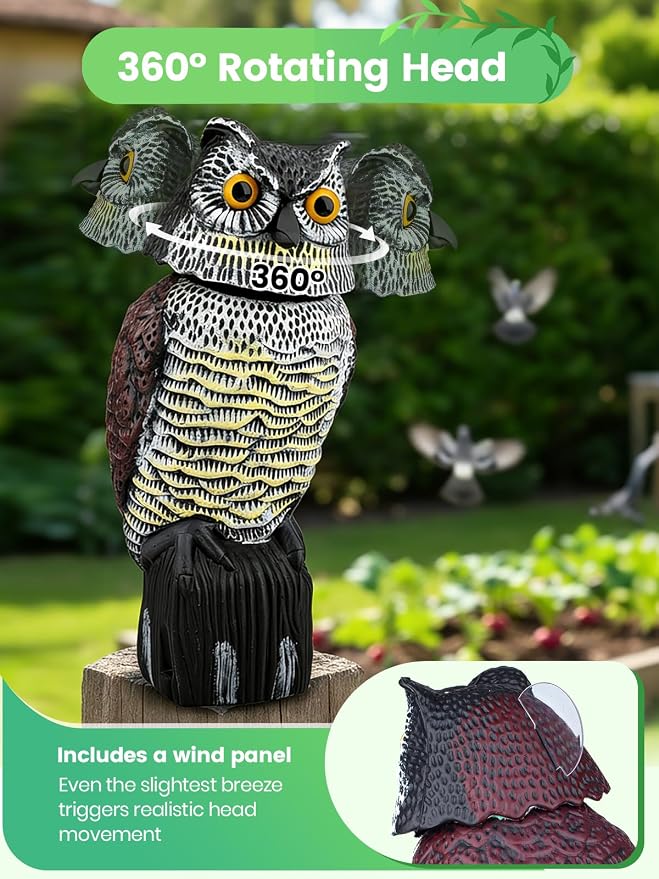 Owl Decoys to Scare Birds Squirrels Away, 360 Rotating Head Activated | Fake Owl Statues Repellent Pest Hawk Squirrel Cats Chickens Pigeon Bird Deterrents for Outside Garden Patios Backyard