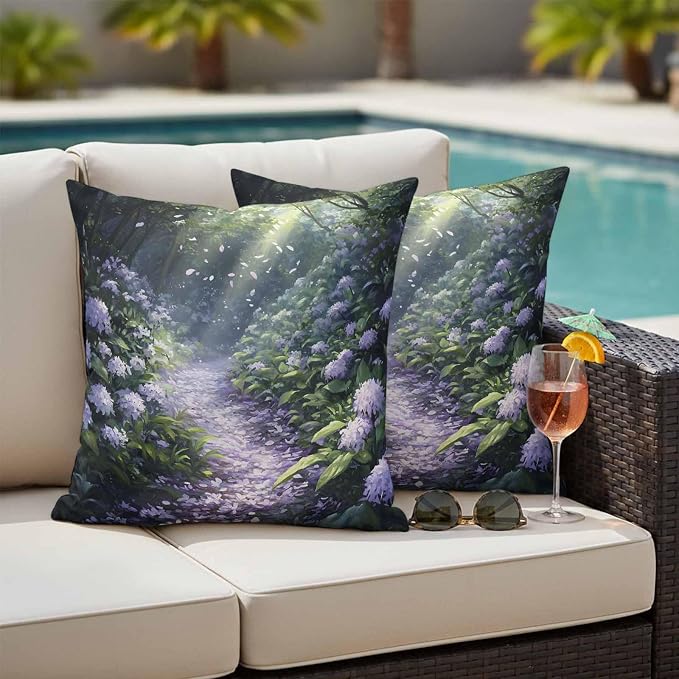 Purple Floral Outdoor Waterproof Throw Pillow Covers Set of 2, 24"x24", Spring Landscape Scenery Nature Decorative Pillow Covers Outside Cushion Case for Patio Porch Garden