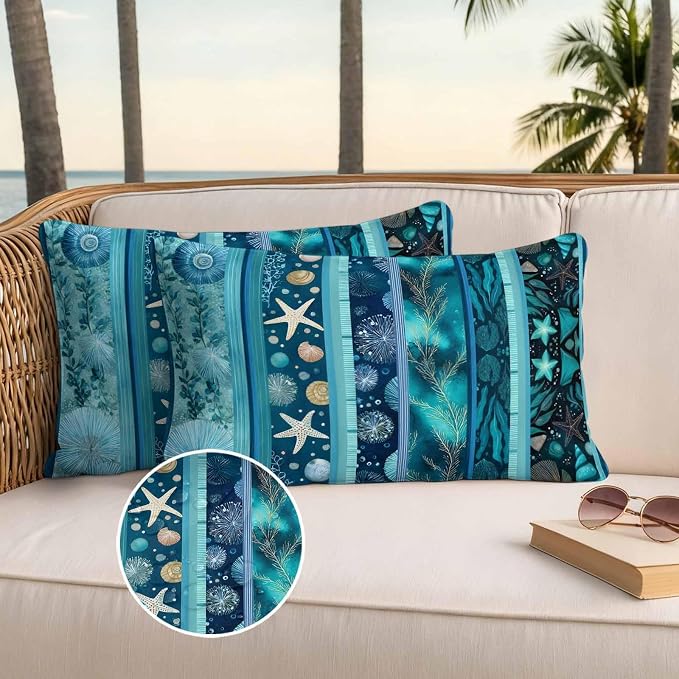 Turquoise Ocean Outdoor Waterproof Throw Pillow Covers Set of 2, 20"x12", Blue Stripes Starfish Coral Seaweed Luxury Decorative Pillow Covers Outside Cushion Case for Patio Porch Garden