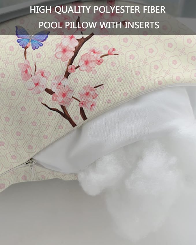 Outdoor Pillows Covers with Inserts Butterfly Cherry Blossoms Pink Beige Waterproof Recliner Pillow with Adjustable Strap Throw Pillows for Patio Furniture Pool Lounge Chair, 11x16 inch, 1PCS