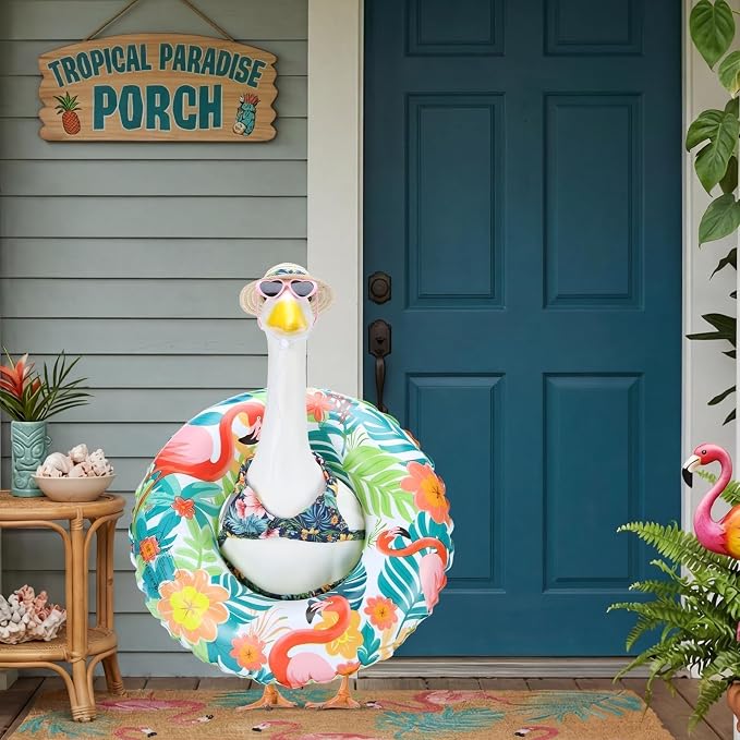 Hawaiian Porch Goose Outfits for 23 Inch Lawn Statue | Summer Bikini with Swim Ring Costume for Cement Statue, Tropical Sculpture Clothes for Swimming Pool Party Beach Decoration