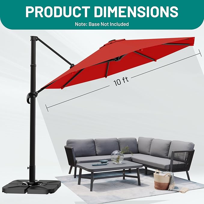 AreShark 10FT Cantilever Patio Umbrella, 360-Degree Rotation Round Hanging Offset Umbrella with Crank, Heavy Duty Patio Umbrella for Patio, Pool, Garden, Deck, Red