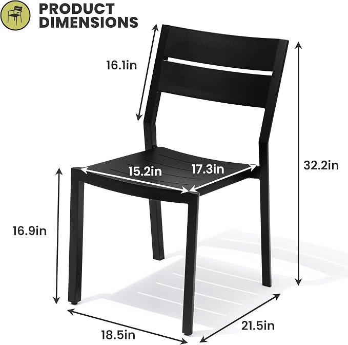 Aluminum Stackable Outdoor Dining Chairs Set of 2, Weather-Resistant Modern Black Patio Armless Chair with Slat Back for Garden, Poolside, Backyard & Porch | Modern Black Patio Armless Chair with Slat Back for Garden, Poolside, Backyard & Porch