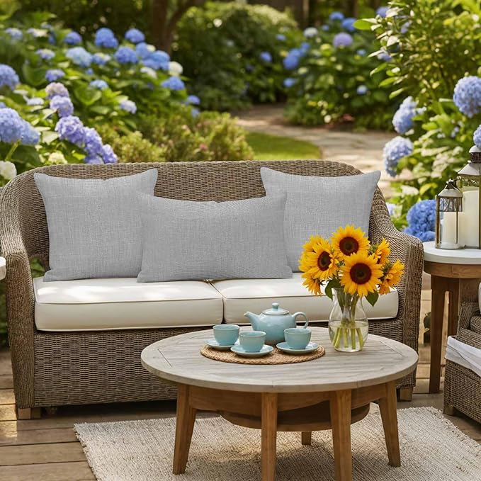 Pack of 2 Waterproof Outdoor Pillow Covers 20x20 Inch Decorative Pillow Covers Grey Burlap Texture Throw Pillowcases Farmhouse Vintage Gray Outdoor Cushion Cover for Couch, Patio, Tent