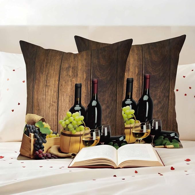 Outdoor Pillow Covers 16 x 16 Inches, Red Wines Waterproof Throw Pillow Cover Set of 2, Champagne Grapes Galsses Country Wooden Plank Decorative Square Cushion Covers for Patio/Couch/Garden
