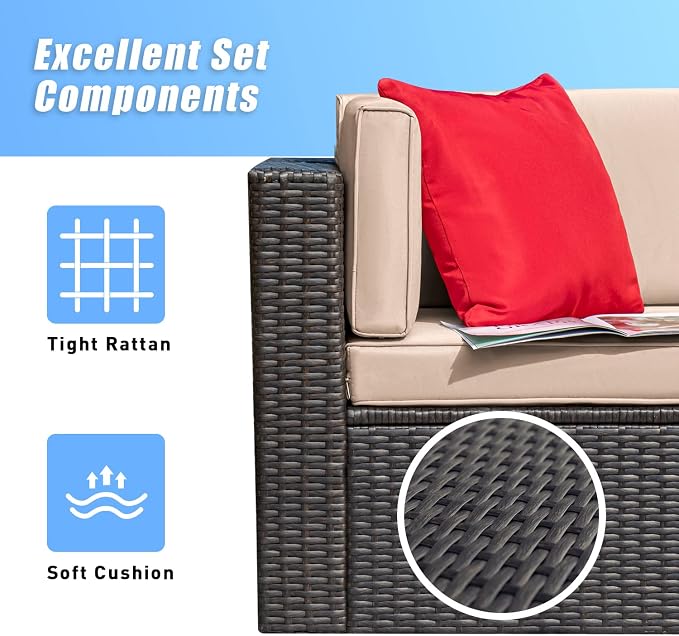 Greesum 5 Piece Patio Conversation Set Wicker Rattan Furniture Outdoor Sofa with Cushions,Pillows & Glass Table for Porch,Lawn and Yard,Beige