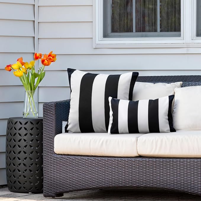 Pack of 2 Outdoor Waterproof Striped Pillow Covers Decorative Throw Covers | 18x18, Black and White, Garden Cushion Covers, Farmhouse Pillowcases for Couch Sofa Patio Tent Balcony