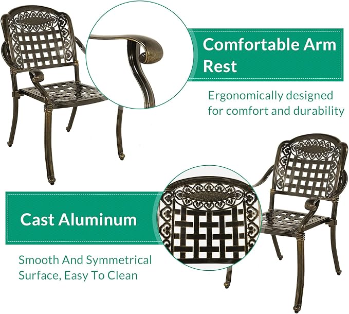VIVIJASON 3-Piece Outdoor Patio Bistro Set, All-Weather Cast Aluminum Furniture Dining Sets Include 2 Chairs and 35.4" Round Table w/Umbrella Hole for Balcony, Lawn, Garden, Backyard, Antique Bronze