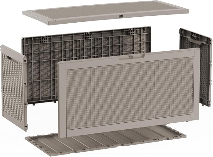 AmaVins Storage Box, 100 Gallon Rattan Pattern Deck Box with Anti-Pinch Hydraulic Rod, Indoor Use, Waterproof Resin, Package/Patio Cushions/Gardening Tools, Lockable, UV Resistant, Light Coffee
