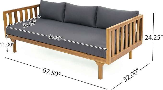 Christopher Knight Home Charm Patio Conversation Set, 3 Seater Acacia Wood Sofa, Spacious Seating Daybed, Wood Coffee Table, Round Side Table, Outdoor Furniture for Backyard Garden Rest, Dark Gray