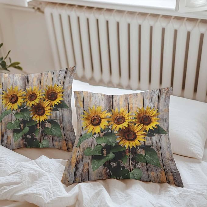 Wooden Sunflower Waterproof Outdoor Pillow Covers Set of 2 Home Decor, Farmhouse Vintage Wooden Floral Pillowcase Patio Pillow Covers for Couch Bench Furniture Garden 26x26in