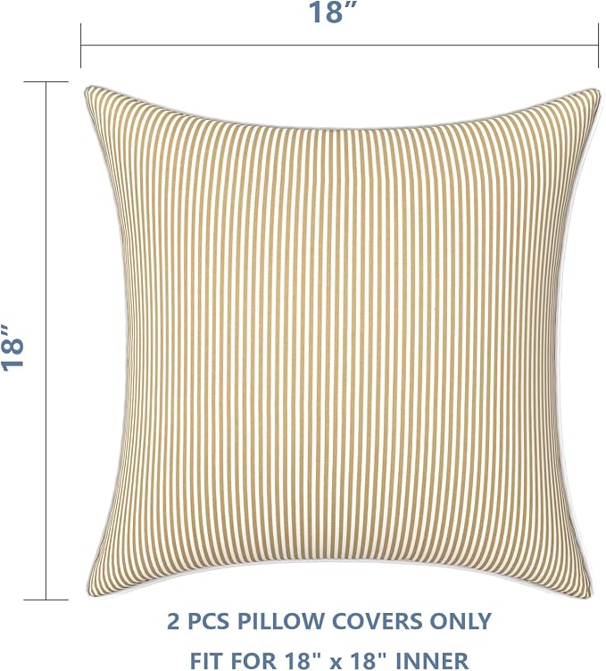 LVTXIII Outdoor/Indoor Pillow Covers, Patio Fade Resistant Throw Pillow Covers ONLY, Waterproof Farmhouse Accent Cushion Cases for Sofa Patio Couch Decoration 18"x18" Set of 2, Strip Beige