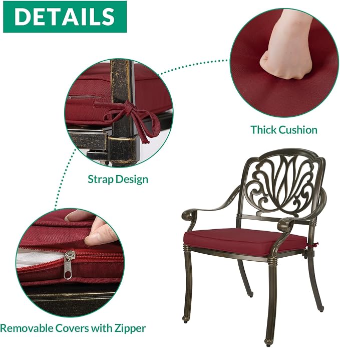 VIVIJASON 7-Piece Outdoor Furniture Dining Set, All-Weather Cast Aluminum Patio Conversation Set, Include 6 Cushioned Chairs and a Rectangle Table with Umbrella Hole for Balcony Backyard, Red Cushion