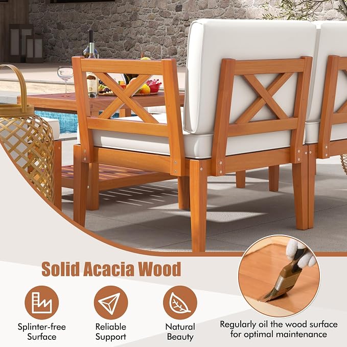 Tangkula 5 Pieces Acacia Wood Patio Furniture Set, Outdoor Sectional Conversation Set with Cushions and 2-Tier Coffee Table, Outdoor Bistro Furniture Set for Garden, Backyard and Poolside