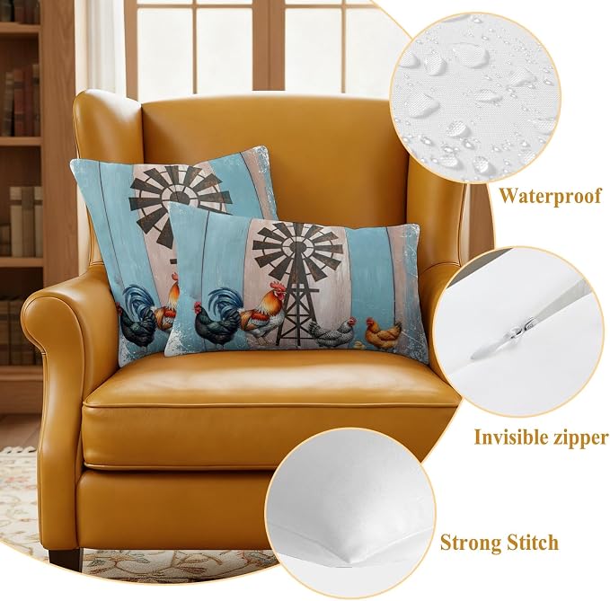 Rooster Hen Outdoor Pillow Covers 26"x26" Set of 2, Rustic Windmill Farmhouse Animal Wood Striped Country Waterproof Throw Pillow Covers for Patio Furniture, Decorative Cushion Covers for Porch