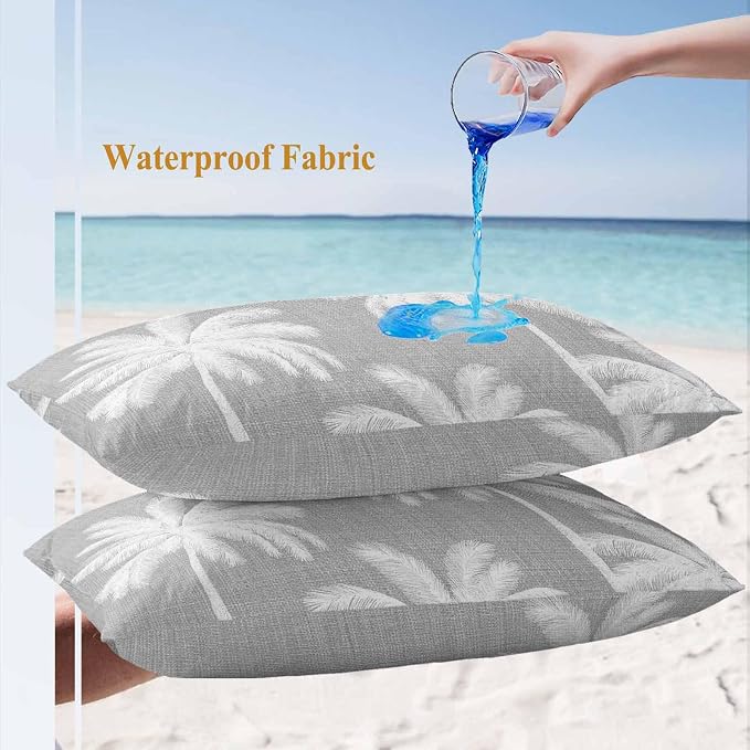 Lumbar Pillow Covers 20x12 Inch Set of 2, Grey Palm Trees Waterproof Outdoor Pillow Covers, Farmhouse Tropical Summer Beach Decorative Cushion Pillowcases for Couch, Sofa, Bed, Garden, Patio