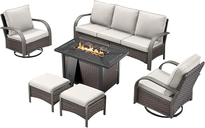 HUMMUH Patio Conversation Sets with Fire Pit-All Weather Wicker Outdoor Swivel Chair with Patio Couch Outdoor Patio Furniture for Deck Porch Garden Poolside Backyard-Brown/Beige