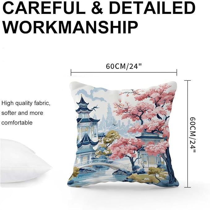 Chinoiserie Pagoda White Coral Blue Cushion Cases Chinoiserie Chic Asian Throw Pillow Cover Rustic Outdoor Garden Decoration for Patio Furniture Garden 24x24 in