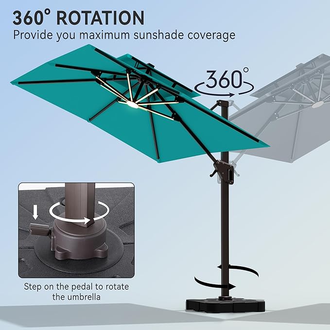 9' X 12' Cantilever Patio Umbrella with Led Lights Double Top Rectangular Outdoor Large Offset Umbrellas with 7 Tilts Adjustable 360°Rotation for Deck Pool Garden Backyard, Turquoise