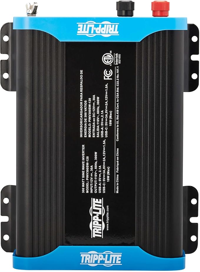 Tripp Lite 300W Compact Pure Sine Wave Power Inverter, 2 Outlets, 1 USB + 1 USB-C Charging Ports, Mounting Brackets Included, 2-Year Warranty (PINV300SW-120)