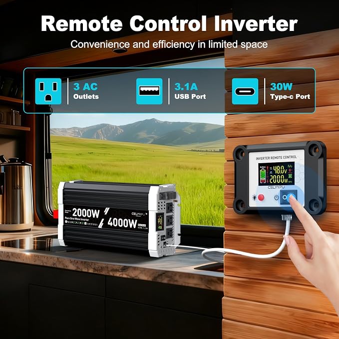 48V Inverter 2000 Watt Inverter, Pure Sine Wave Inverter, Power Inverter with Remote Control, 48V DC to 110V AC, 3 AC Outlets, USB & Type-C Ports, LCD Display for RV, Solar, Home Backup Power