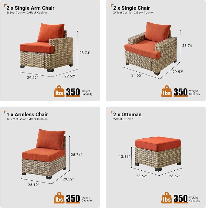 ovios 7 Piece Patio Sectional Furniture, Rattan Wicker Coversation Couch Set, Outdoor Sofa Set for Outside Porch Balcony Backyard Pool,Orange