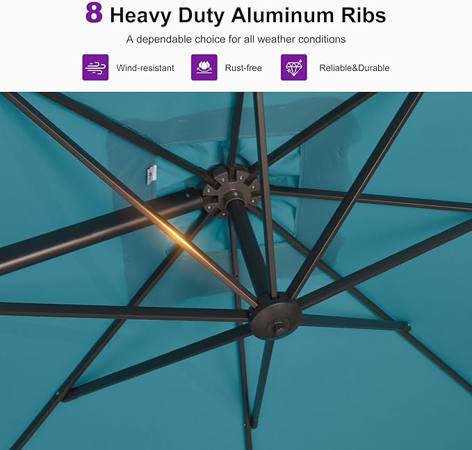 PURPLE LEAF 8' X 8' Cantilever Patio Umbrella with Base Included Antique Bronze Square Umbrella with 360° Rotation and Aluminum Offset Hanging Outdoor Umbrella for Pool Garden Backyard Deck, Turquoise