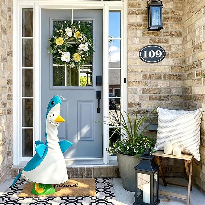Summer Porch Goose Outfits for Large 23" H Statue Decor, Shark Blue | Costume Set Clothes, For Large Statue Decor, Outdoor Patio Lawn Garden, Plastic Cement Statue Decoration