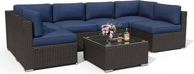 Incbruce Outdoor Patio Furniture Set 7-Piece All-Weather Sectional Sofa Outside Couch, Manual Weaving Wicker Rattan Conversation Set with Glass Top Table and Removable Cushions(Dark Blue)