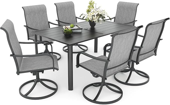 Anmutig 7-Piece Outdoor Patio Dining Set with 6 Swivel Chairs, Outdoor Furniture Steel Frame Slat Rectangular Table with 1.57" Umbrella Hole for Backyard, Grey