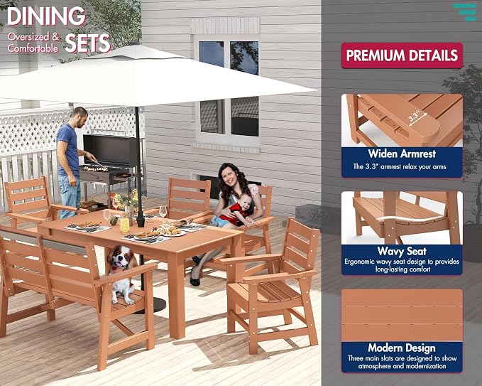 BRIOPAWS Outdoor-Dining-Table-Set | 6 Piece | HDPE | 1 Bench and 4 Chairs Sets for 6 | Patio Dinner Furniture | All Weather | Umbrella Hole | for Poolside Deck Backyard Outdoors | Teak