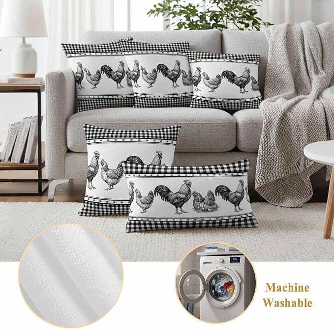 Navy Blue Rooster Outdoor Pillow Covers Waterproof, All Weather Cushion Case Set of 2, Vintage Farmhouse Black Plaid Decorative Pillowcases for Sofa Couch Bed Decor Patio Furniture 18"x18"