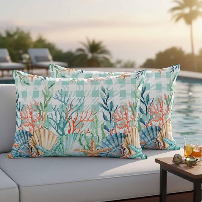 Lumbar Pillow Covers 20x12 Inch Set of 2, Summer Coastal Waterproof Outdoor Pillow Covers, Watercolor Corals Shells Starfish Green Plaid Decorative Cushion Pillowcases for Couch, Sofa, Bed, Patio