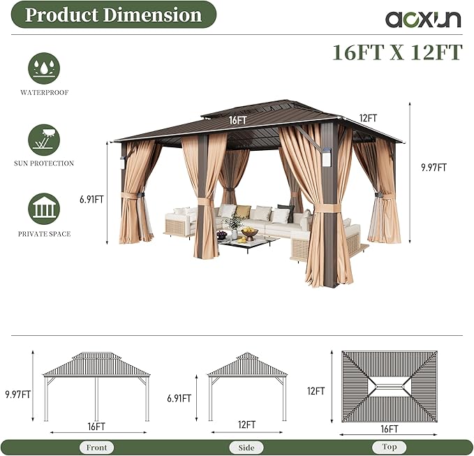 Aoxun 16'x12' Hardtop Gazebo with 4 LED Lights, Outdoor Gazebo with Galvanized Steel Double Roof, Patio Gazebo with Breathable Netting & Privacy Curtain, Decor Hooks for Backyard, Brown