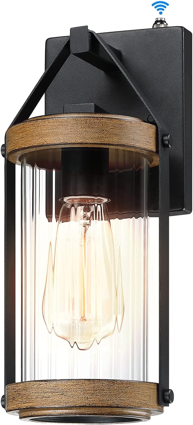 Dusk to Dawn Sensor Outdoor Wall Sconce Lighting with Wood Grain | Exterior Porch Light Fixtures Farmhouse Front House Lantern Waterproof Wall Mount Lamp for Patio Garage Entryway Doorway
