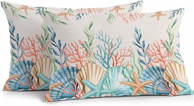Lumbar Pillow Covers 20x12 Inch Set of 2, Summer Ocean Waterproof Outdoor Pillow Covers, Watercolor Coastal Coral Shell Seaweed Beige Decorative Cushion Pillowcases for Couch, Sofa, Bed, Garden, Patio